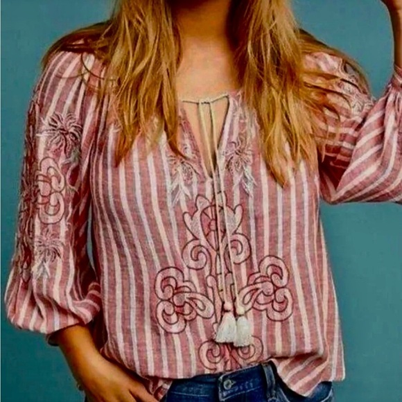 Anthropologie Womens Red Striped Linen Embroidered Blouse Akemi+Kin Sz XS BOHO - Picture 1 of 11